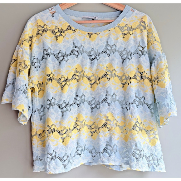 ZARA Pastel Lace Top LARGE Blue Yellow Chevron Floral Scallop Flutter Sheer - Picture 1 of 8